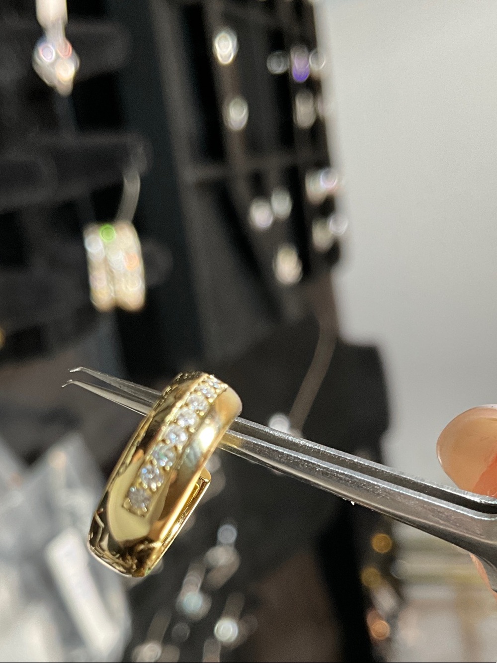 Gold Hoop Earring with Embedded Clear Stones - Women Jewelry